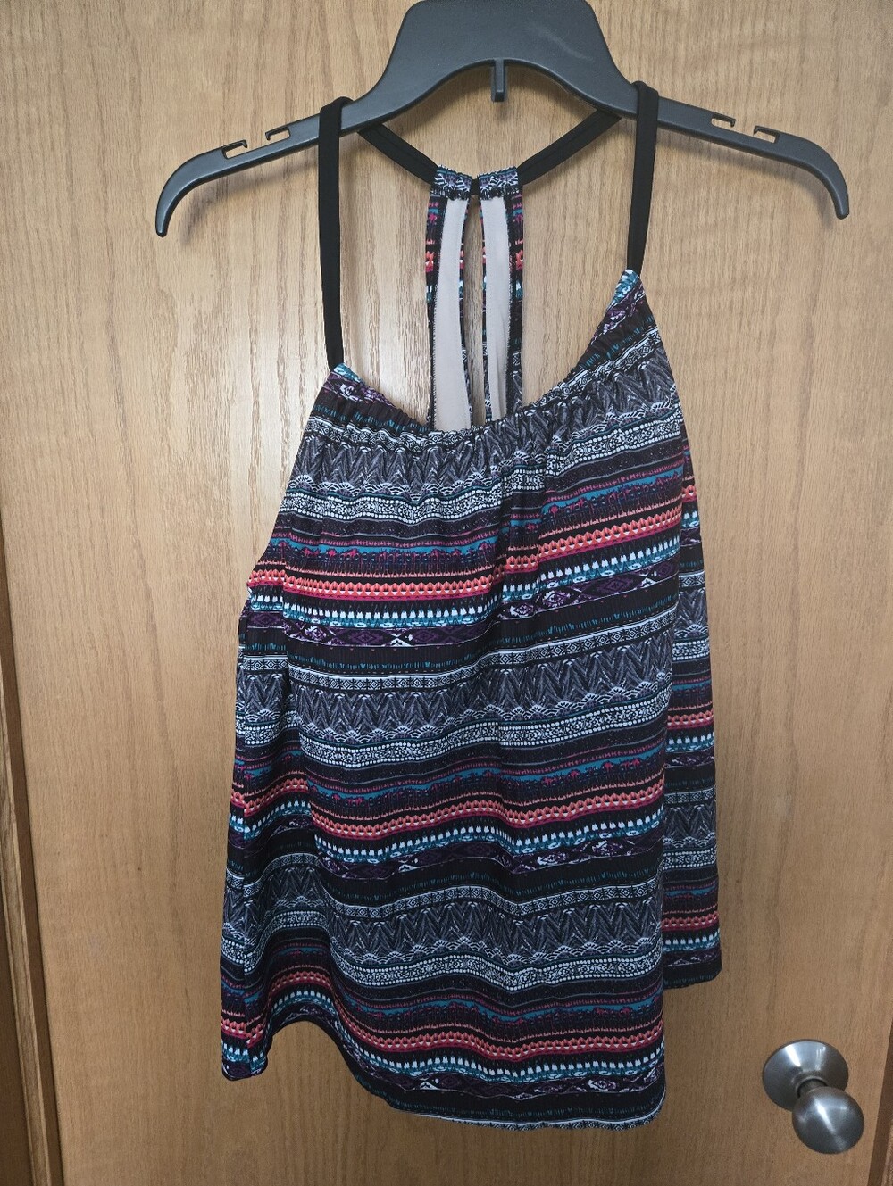Kona Sol Black Strappy Swim Cami with Multicolor Tribal Stripes